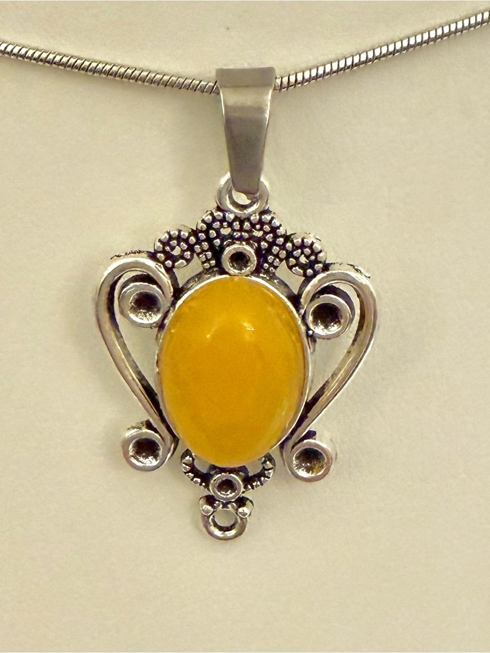 S925 Sterling Silver Amber Necklace Yellow Cabochon Ornate Scroll Pendant